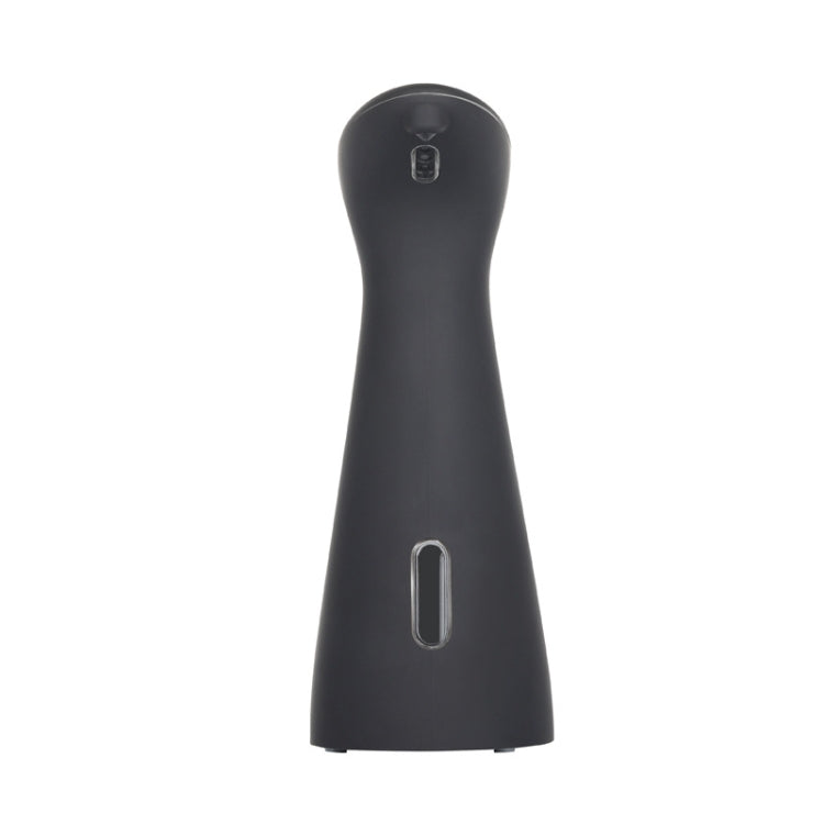 Black automatic soap dispenser front view with side slot and top indicator icons