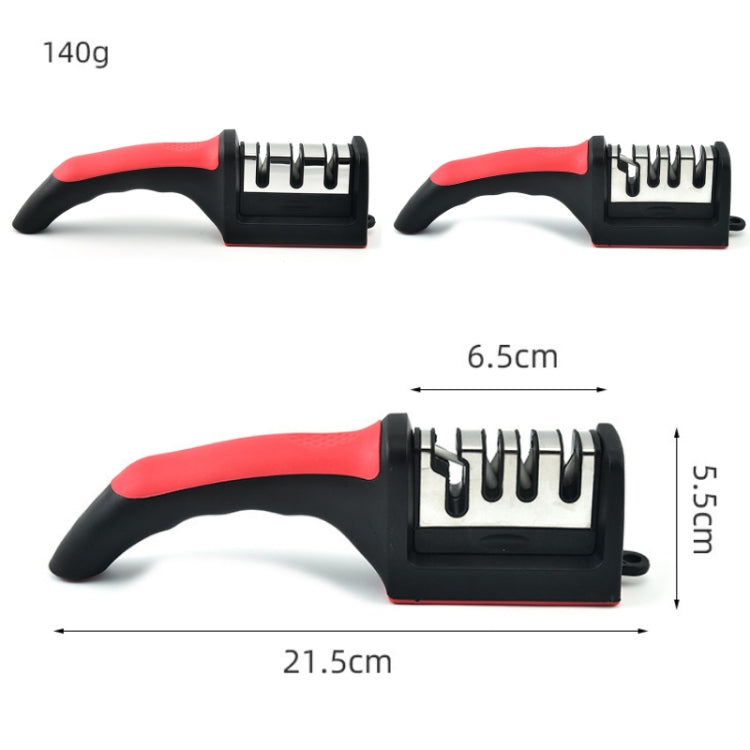 Red and black handheld knife sharpener, 21.5 cm long with sharpening stages