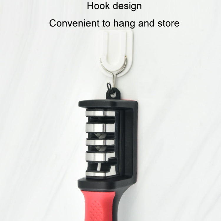Red and black knife sharpener with hanging hook for convenient storage