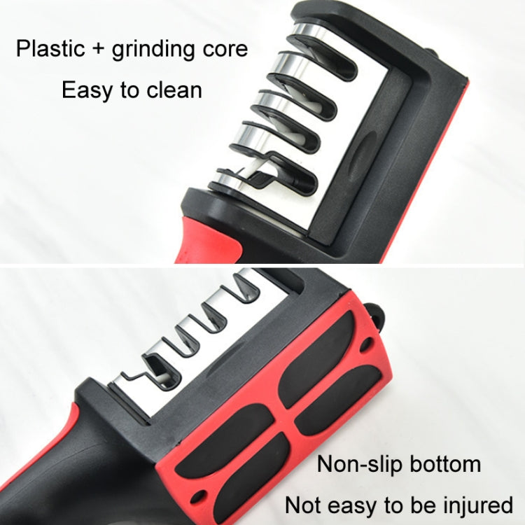 Red and black knife sharpener with non-slip base and grinding slots