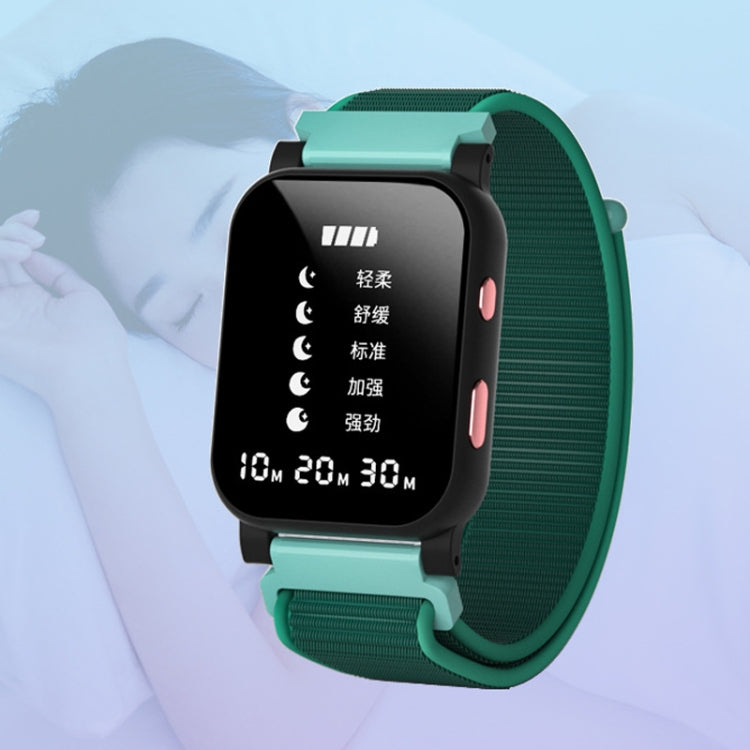 Green microcurrent sleep instrument smartwatch with dark display and pink side buttons