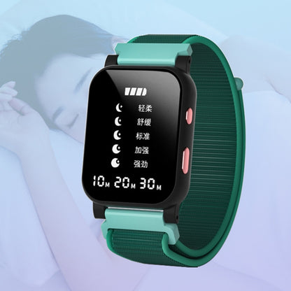 Green microcurrent sleep instrument smartwatch with dark display and pink side buttons
