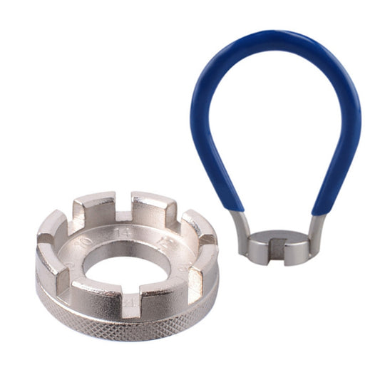 Spoke wrench tool set: silver 8-port wrench with blue ring handle.