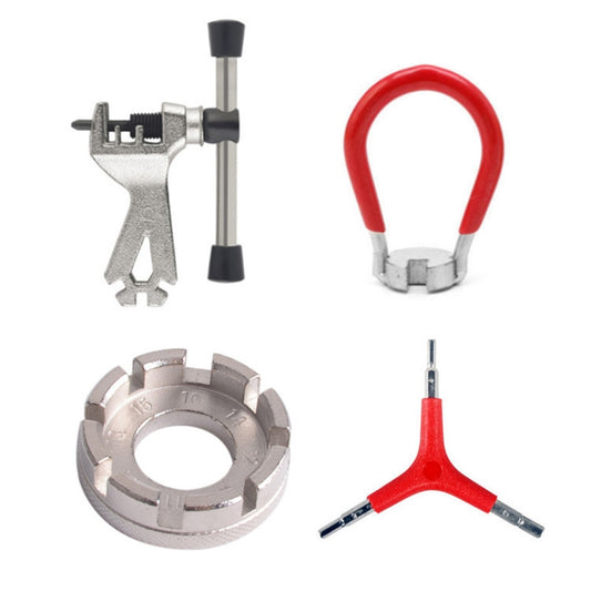 Spoke wrench tool set with silver 8-port wrench, red spoke wrench, and red tire lever.