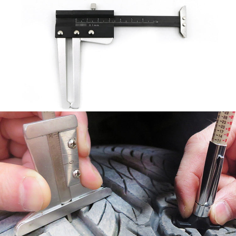 Tire tread depth gauge caliper with black scale and locking screw, silver frame