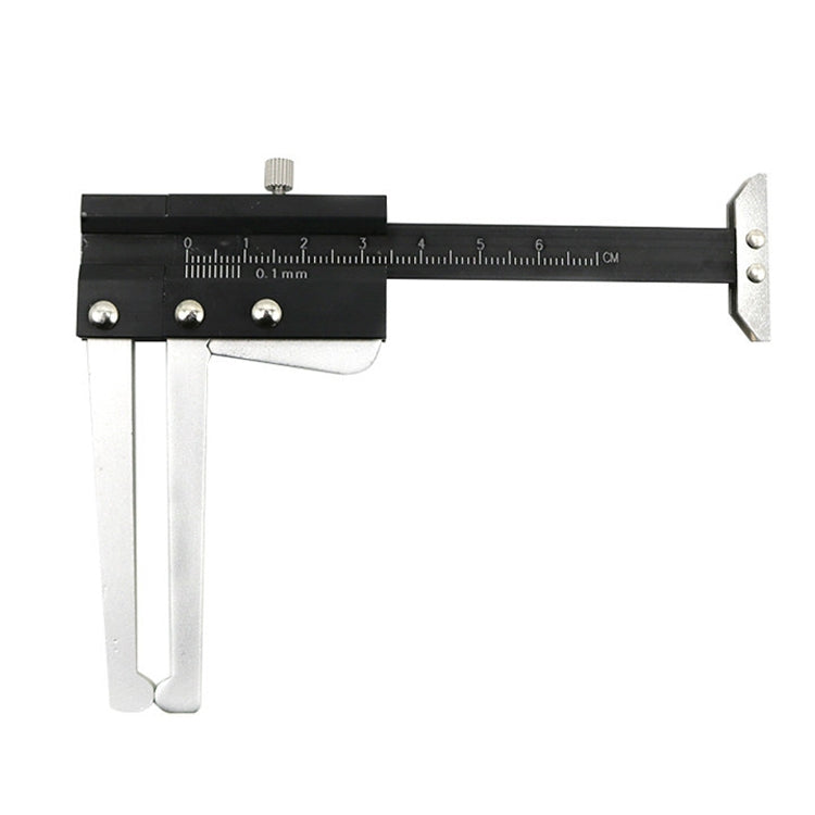 Tire tread depth gauge caliper with metric scale and two silver measuring legs