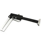 Black tire tread depth gauge caliper with silver arms and metric measurement scale