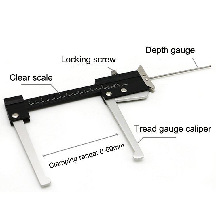 Tire tread gauge caliper with clear scale, depth gauge arm, and locking screw