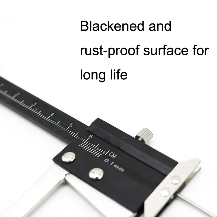 Black tire tread depth gauge caliper with locking screw and engraved measurement scale