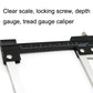 Close-up tire tread depth gauge caliper with metric markings and locking screw