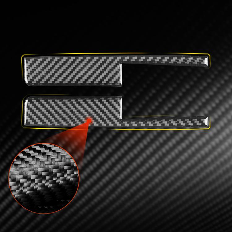 Two carbon-fiber-look door lock switch trim inserts with chrome edges on dark background.
