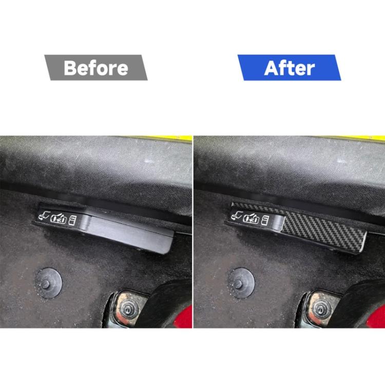 Before-and-after view of carbon-fiber-look door lock switch trim on car panel.