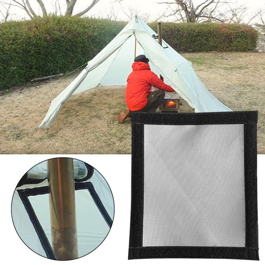 Tent stove jack chimney protective cover with black mesh frame