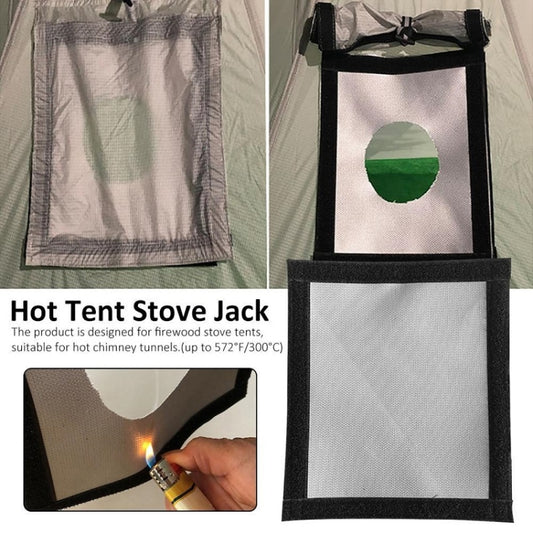 Tent stove jack chimney cover with circular vent cutout on white panel