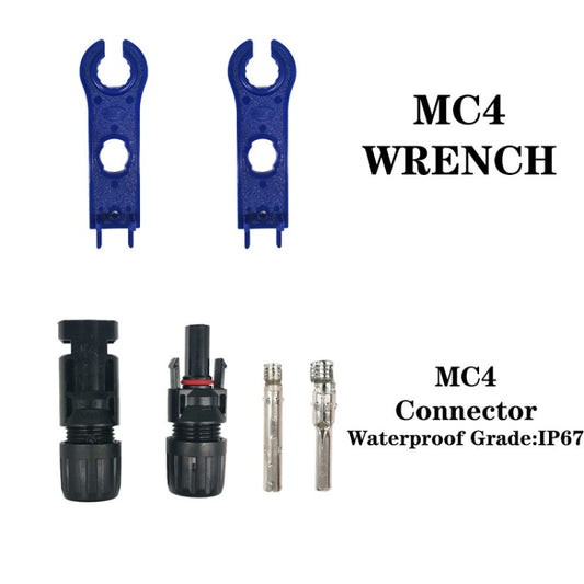 MC4 crimping connector tools: blue fork pliers and black connector crimp housings
