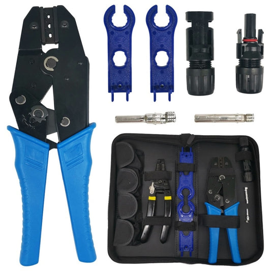 Solar photovoltaic crimping pliers set with blue and black handles, connectors, and tools