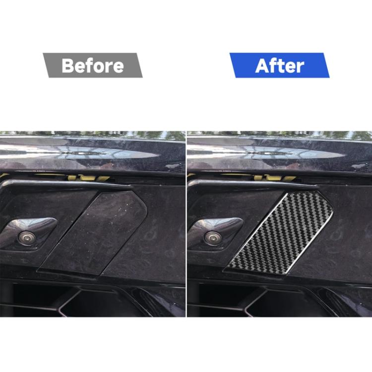 Carbon fiber weave trailer hook cover stickers applied on rear panel, dark gray