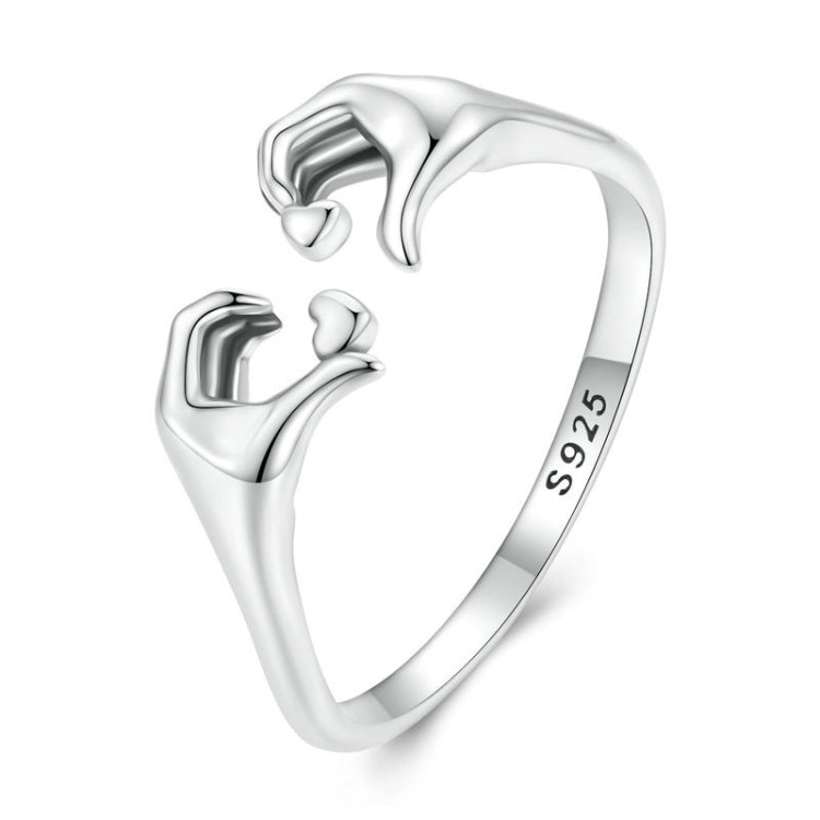 Sterling silver S925 heart gesture open ring, polished band with heart hands detail