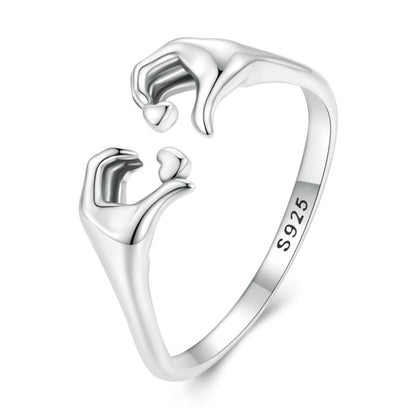 Sterling silver S925 heart gesture open ring, polished band with heart hands detail