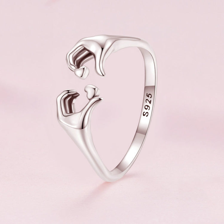 Sterling silver S925 heart gesture open ring angled view, inside band shows S925