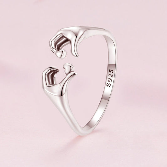 Sterling silver S925 heart gesture open ring angled view, inside band shows S925