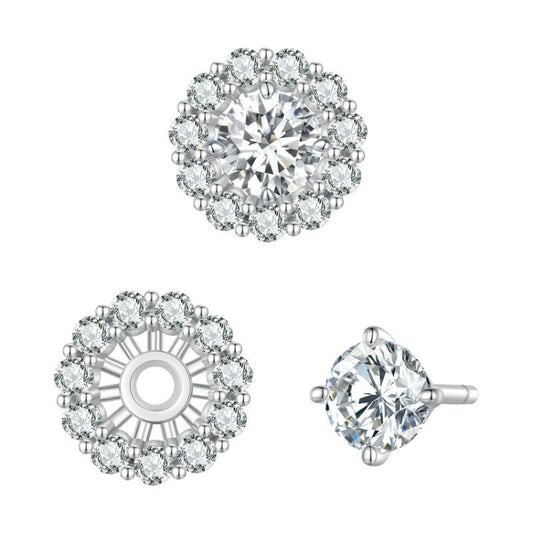 Sterling silver round moissanite halo stud earrings with detachable backs