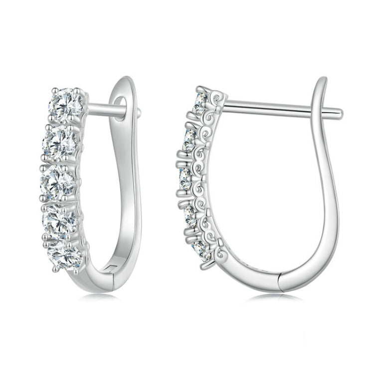 Sterling silver U-shaped hoop earrings with three rows of sparkling moissanite