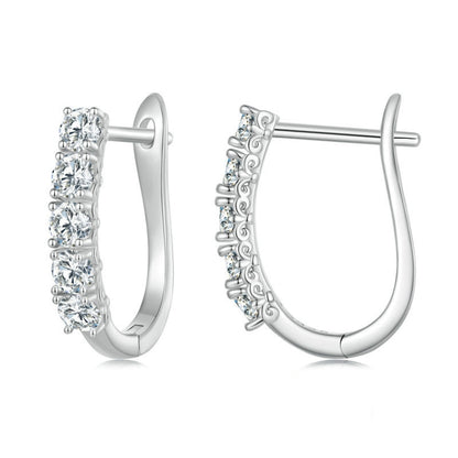Sterling silver U-shaped hoop earrings with three rows of sparkling moissanite