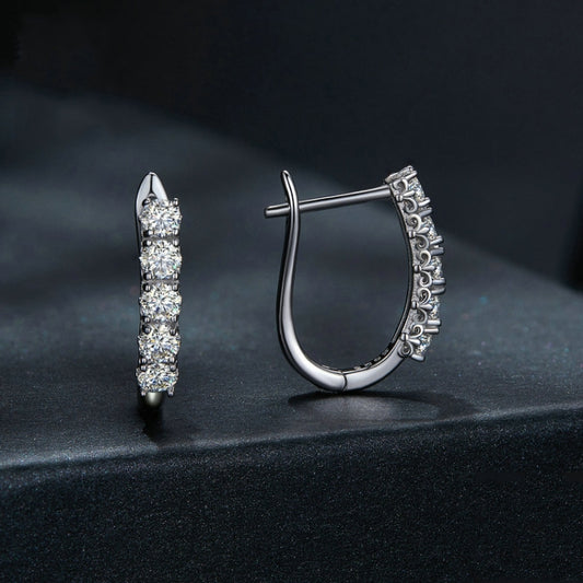 Sterling silver S925 moissanite U-shaped earrings with row of clear stones