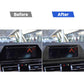 Black carbon-fiber navigation screen frame sticker installed, before and after view