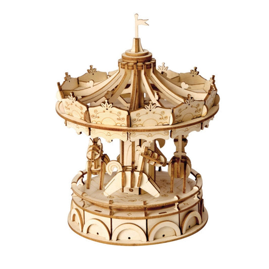 Wooden carousel-style 3D puzzle model with rotating platform and central flag.