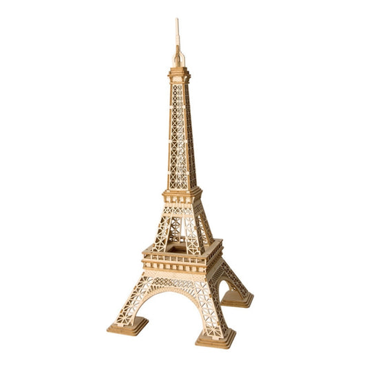 Eiffel Tower wooden 3D puzzle model with intricate lattice supports.