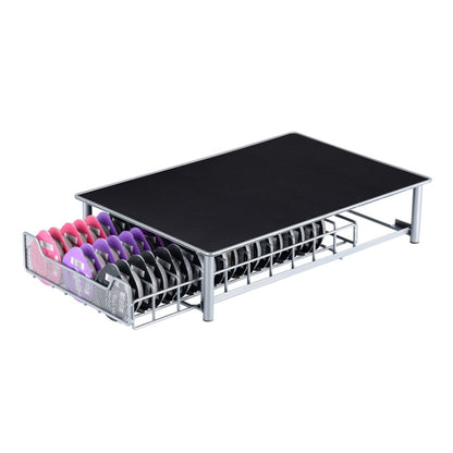 3-row coffee capsule drawer organizer with black top and silver metal mesh base