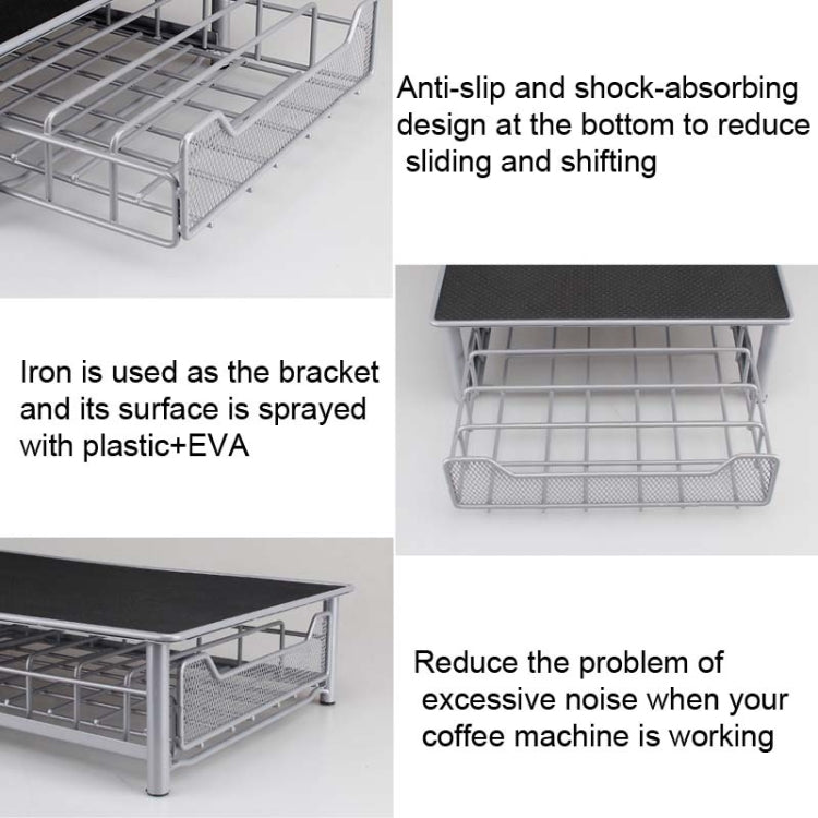 Metal coffee capsule drawer base with padded anti-slip support and wire compartments