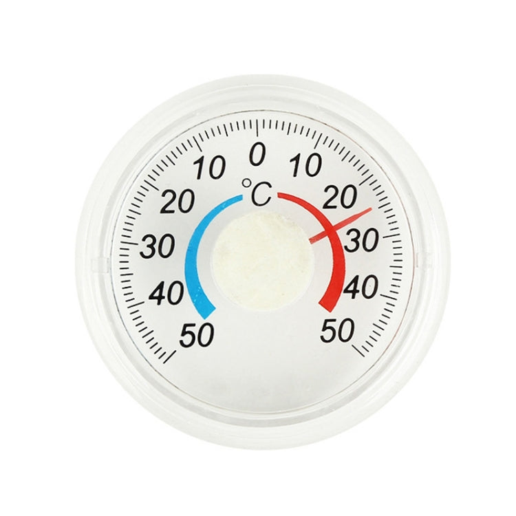 Circular plastic thermometer face with °C markings and blue/red temperature indicators