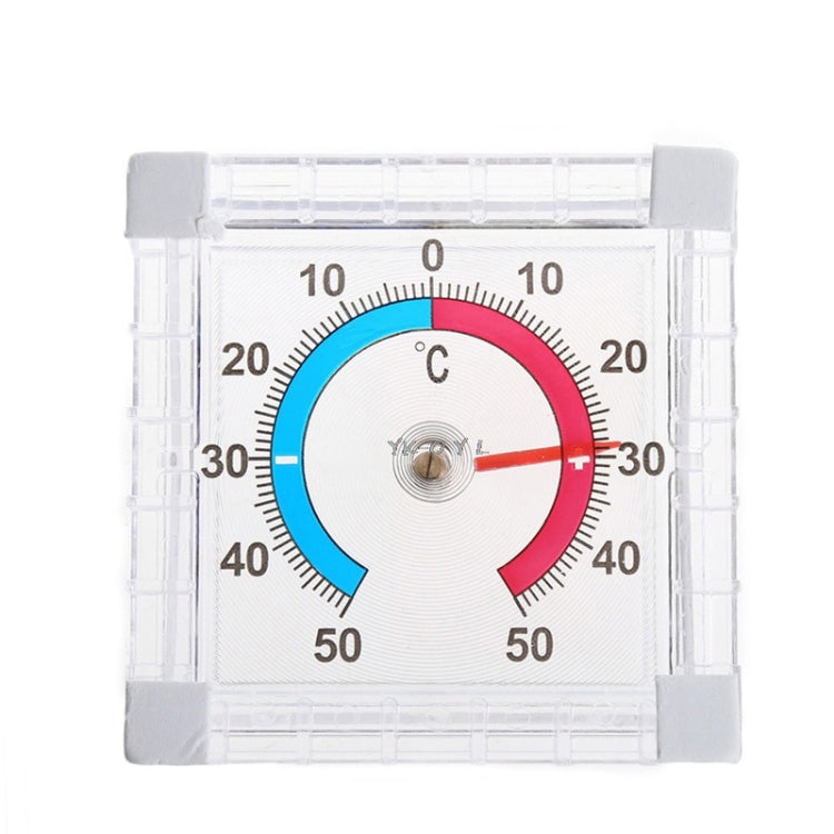 Square window door thermometer with C scale, red/blue pointer ring in clear case