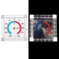 Square window door thermometer showing red and blue temperature arcs on clear frame