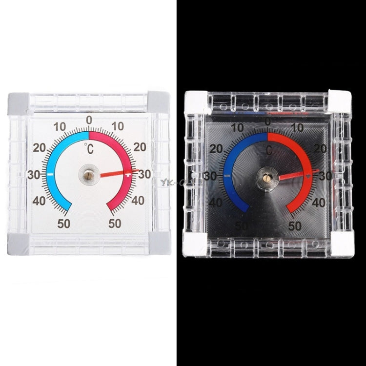 Square window door thermometer showing red and blue temperature arcs on clear frame