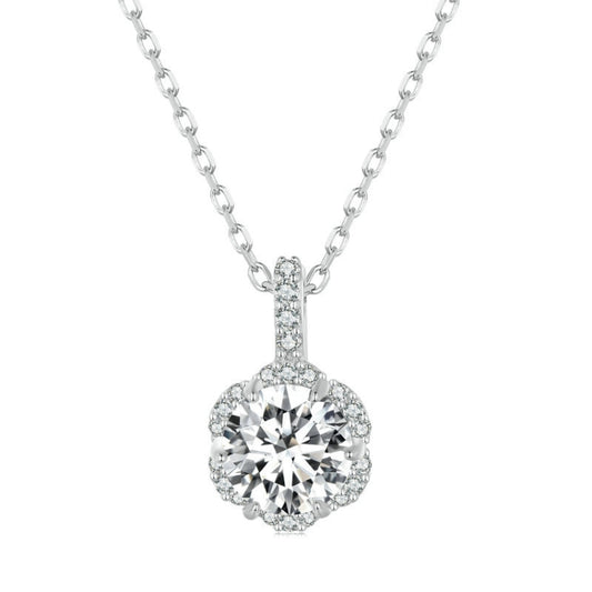 Sterling silver zircon pendant necklace with round halo center stone