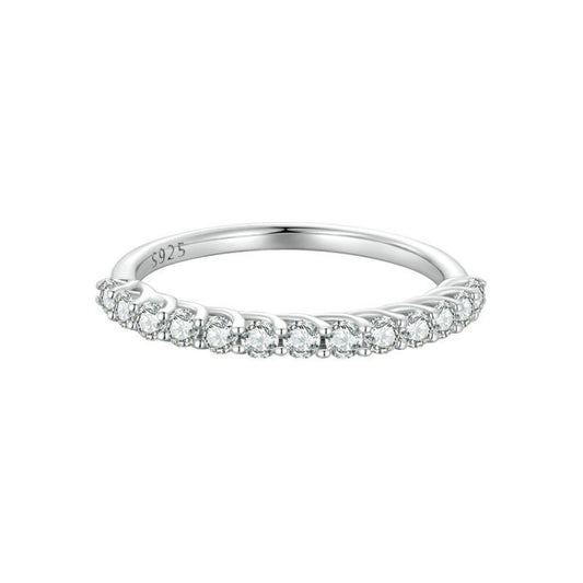 Silver ring band with row of small round stones set across the top edge