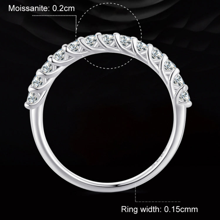 Arched silver ring with round moissanite stones; ring width shown as 0.15cm