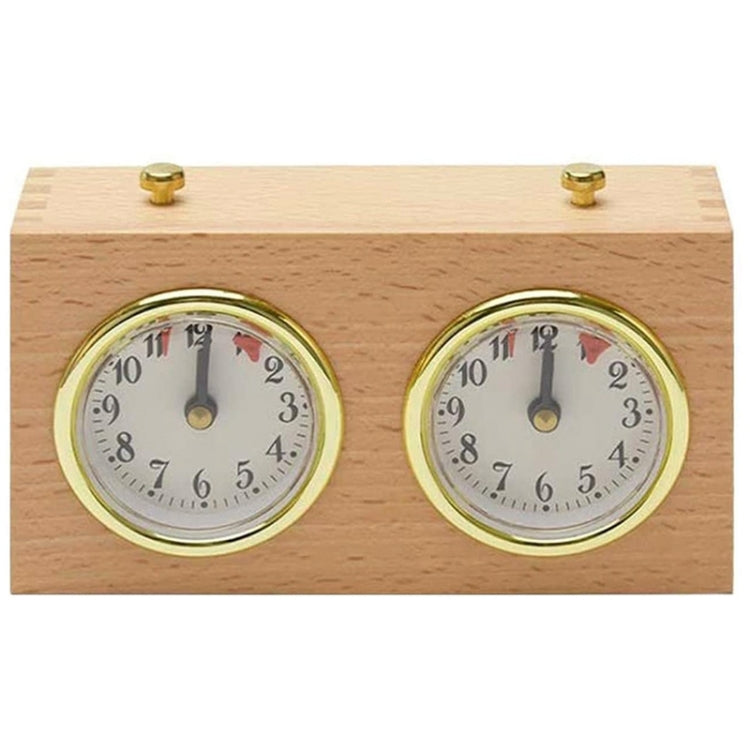 Wood chess clock with two analog dials and gold-tone bezels