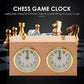Wood chess game clock with two analog dials in a gold-tone body