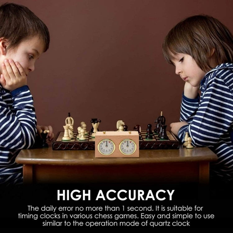 Wood chess clock on table with two analog dials and gold-tone edges