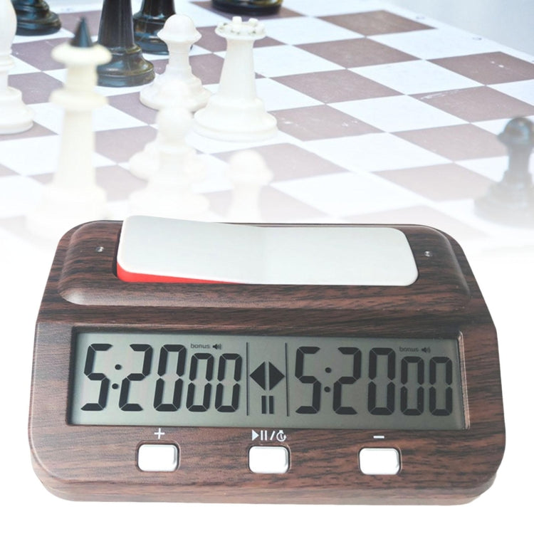 Wood-grain digital chess clock with red standby bar and dual time displays