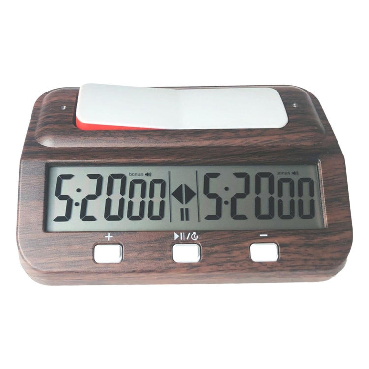 Front view wood-grain digital chess clock with red bar and dual countdown digits