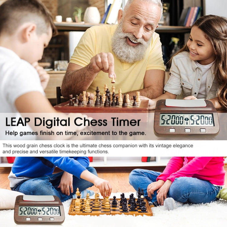 Wood-grain digital chess timer with red bar and dual 5:2000 time displays