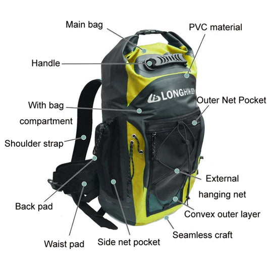 Blue and black diving fin backpack bag with PVC outer, handle, shoulder straps, net pockets
