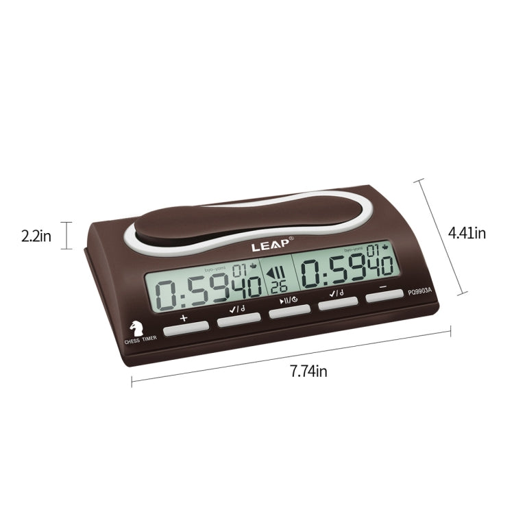 LEAP chess/go timer clock, dark brown body with curved top and dual front LCD screens