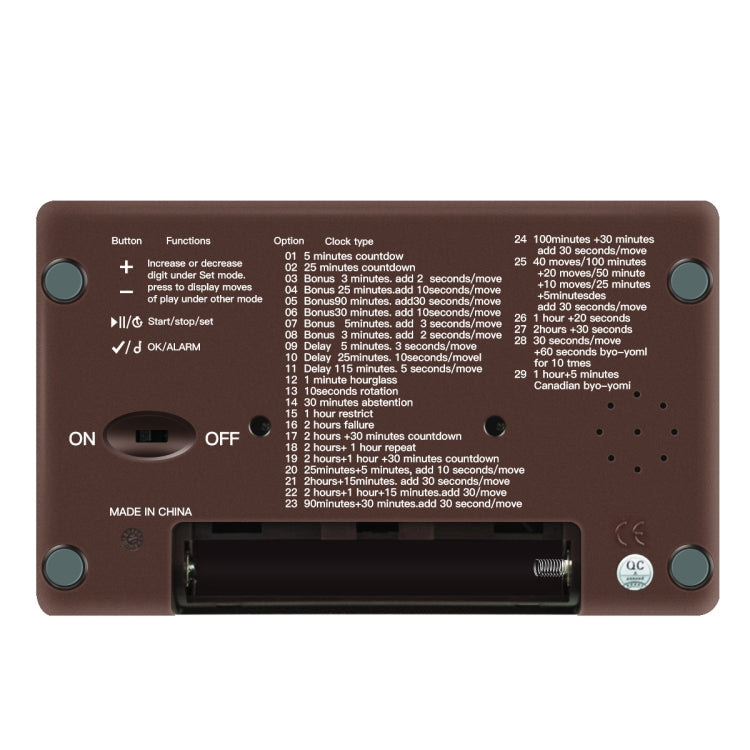 LEAP digital chess timer back panel with ON/OFF switch, buttons, and battery compartment